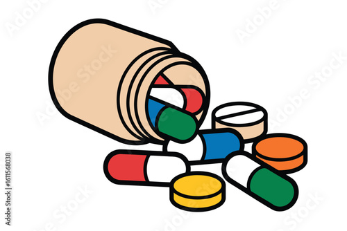 Colorful assorted pills and capsules spilling from an open bottle