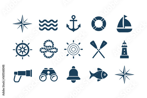 Seamless pattern of nautical icons in dark blue on white background