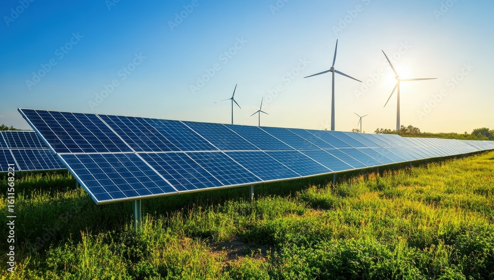 Solar panels and wind turbines work together in a green field under a clear blue sky to generate renewable energy from sunlight and wind. Solar panels and wind turbines work together in a green field under a clear blue sky to generate renewable energy from sunlight and wind.