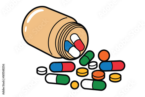 Bottle of colorful pills spilling out onto a white background