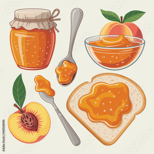 Delicious peach jam spread on toast with fresh peaches and spoon