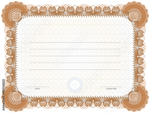 Certificate template with guilloche frame. Bronze diploma border design for personal conferment. Vector layout for award, patent, validation, licence, education, authentication, achievement, etc