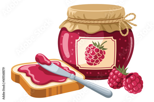 Jar of raspberry jam with a slice of toast and a knife