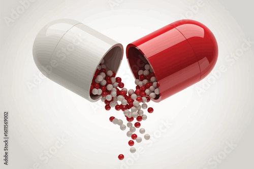 Open capsule spilling out red and white pellets