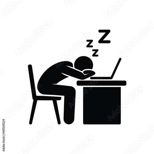 Exhausted worker sleeping at desk with laptop in office icon