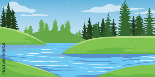 Forest river background fir trees