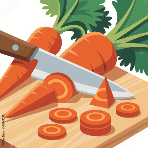 Fresh carrots being sliced on a wooden cutting board with a knife