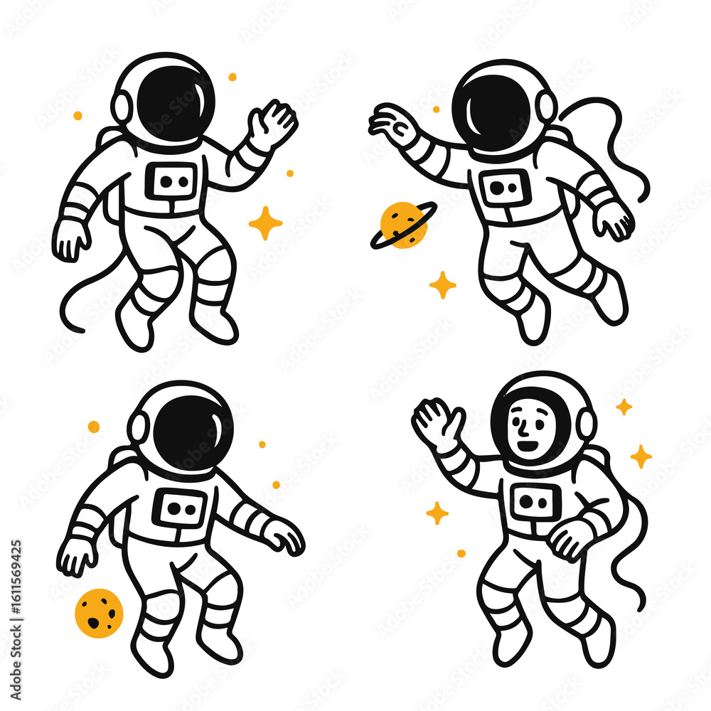 Obraz premium Cartoon astronauts floating in space in zero gravity. Set of doodle-style illustrations perfect for education, science fiction, UI, and kids' design projects
