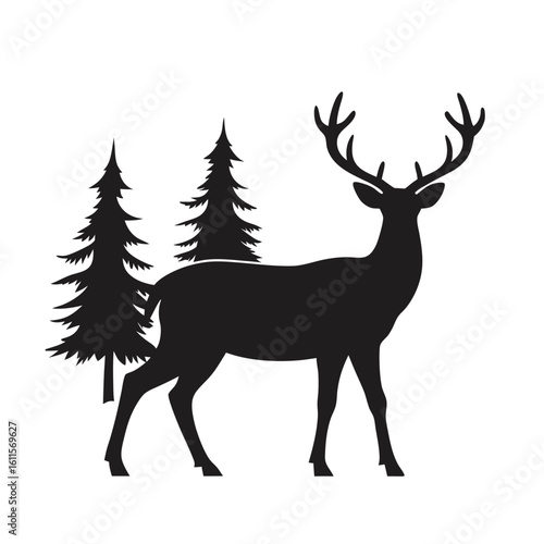 silhouette of a deer with pine trees and forest sc 