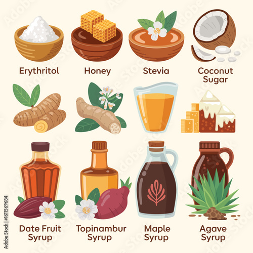 Collection of natural sweeteners and syrups for healthy eating