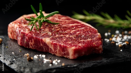 Premium marbled wagyu beef steak on dark slate