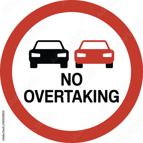 Road sign indicating no overtaking with two cars shown
