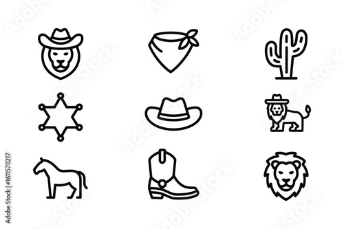 Cowboy hat lion sheriff star bandana cactus horse boot line art