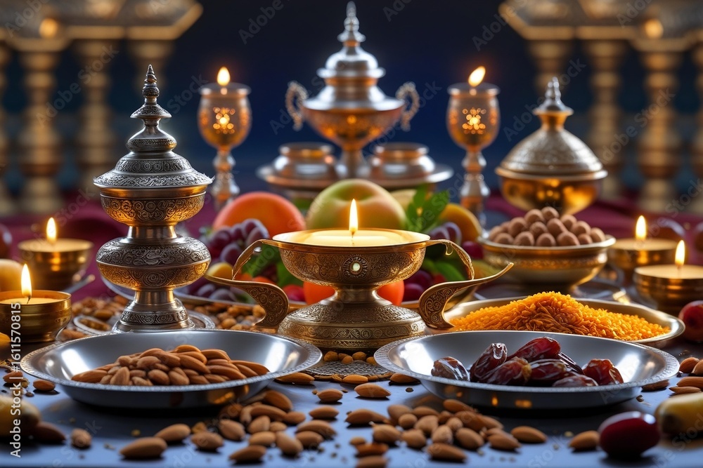 Fototapeta premium Traditional Festive Table with Nuts, Dates, Sweets, and Oil Lamps for Celebration on Blue Background – AI-Generated 
