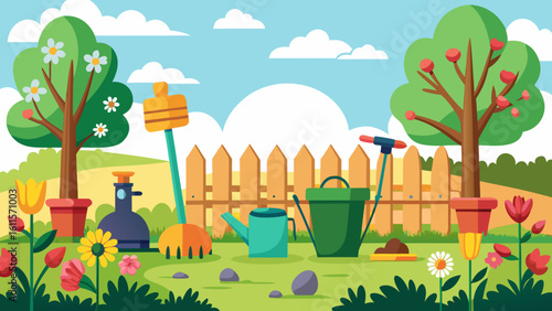 Vector art of a charming cartoon depiction of various gardening tools, potted flowers, and trees arranged in a neat garden with a wooden fence and a clear blue sky