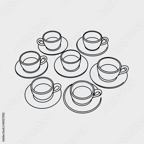 Collection of seven delicate line art coffee cups and saucers arranged in a circular pattern