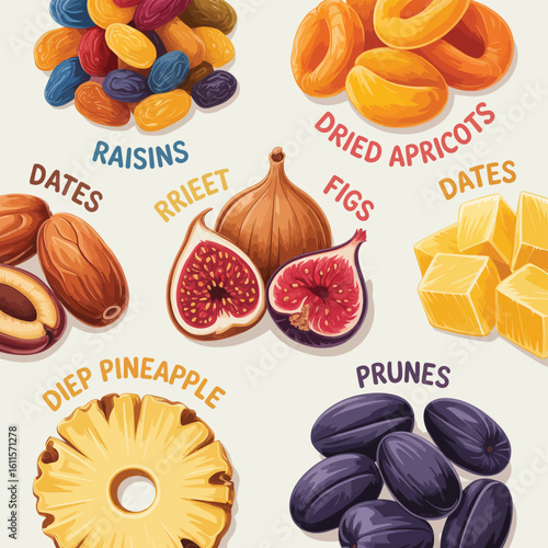 Assortment of dried fruits including dates figs apricots raisins pineapple and prunes