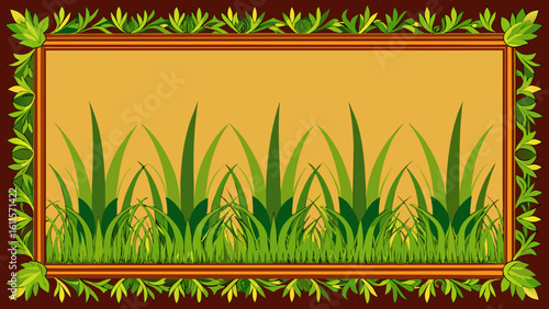 Vector art of an eyecatching frame adorned with leaves surrounds a lively scene of green grass