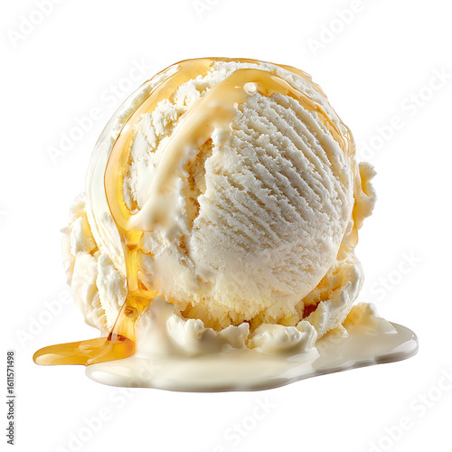 Vanilla ice cream scoop with honey drizzle dessert photography sweet treat summer food isolated black background