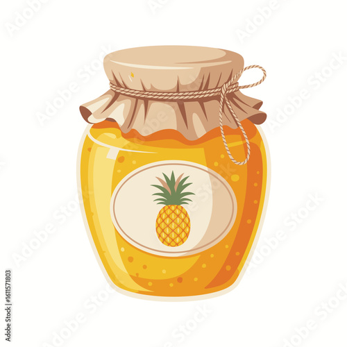 Jar of golden pineapple jam with a decorative label and tied lid