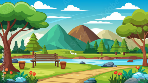 Vector art of a peaceful park scene features a wooden bench and trash cans by a calm river, with rolling hills and mountains under a cloudy blue sky