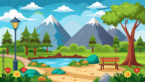 Vector art of a picturesque park setting features a welcoming bench near a tranquil pond, surrounded by vibrant trees and snowcapped mountains under a bright, cloudy sky