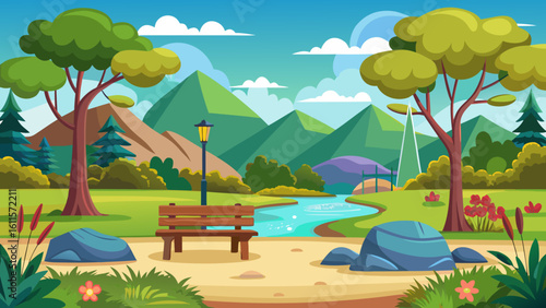 Vector art of a charming park pathway leads to a solitary bench overlooking a winding river and rolling green hills, with distant mountains and a dynamic sky creating a beautiful vista