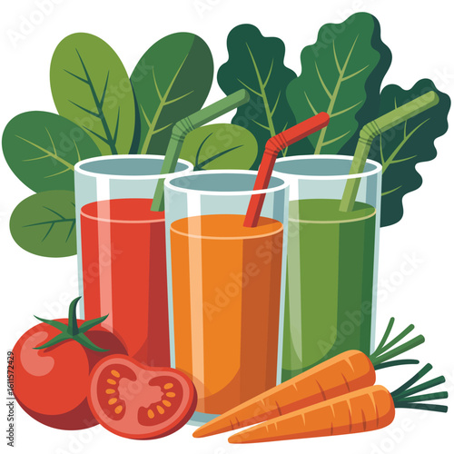 Three glasses of fresh juice with fruits and vegetables