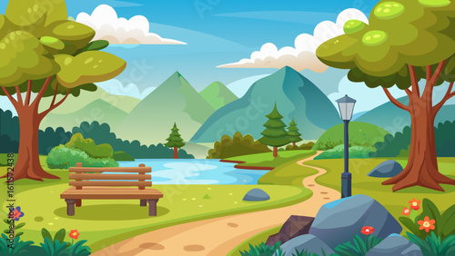 Vector art of a picturesque park pathway leads to a peaceful pond, featuring a wooden bench and lamppost, surrounded by verdant trees and rolling mountains