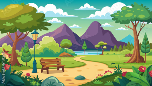 Vector art of a tranquil park setting with a wooden bench and lamppost near a calm pond, nestled among trees and striking purple mountains under a blue sky