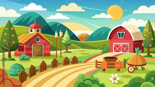 Vector art of a picturesque farm scene unfolds with red barns, rolling hills, a winding path, and a bright sun in a blue sky