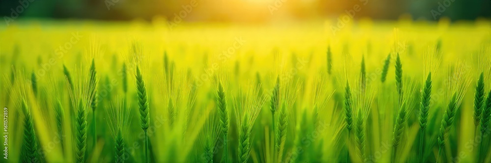 Fototapeta premium Golden sunlight bathes a lush field of vibrant green hay grass, ready for harvest The texture is rich and the scene evokes a sense of rural tranquility and summer abundance , environment, crop