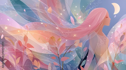 Abstract Mental Health Illustration of Female Figure in Pastel Dreamscapes with Symbolic Elements