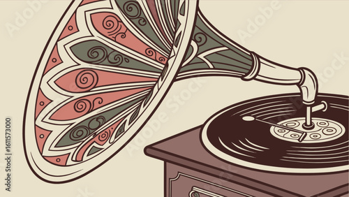 Vintage gramophone with decorative horn and vinyl record on a wooden cabinet design style art