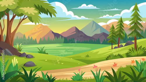 Vector art of a scenic natural landscape unfolds with rolling green hills, distant mountains, and a winding dirt path under a partly cloudy sky
