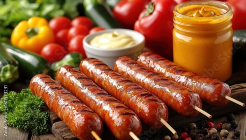 Grilled sausages on skewers served with mustard and mayonnaise, surrounded by fresh vegetables and herbs on a rustic wooden board.