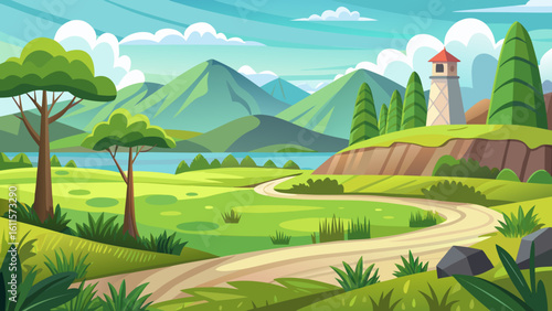 Vector art of a charming cartoon landscape showcases a winding dirt path leading towards a lighthouse, with mountains and a lake in the background
