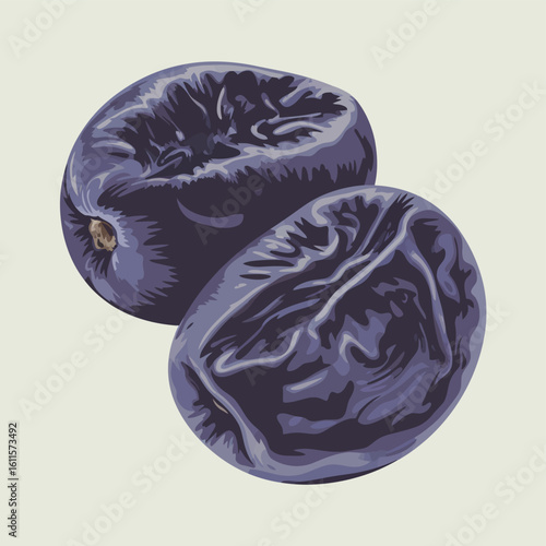 Two wrinkled dark purple prunes on a light background