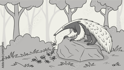 An anteater perched on a rock is looking at a group of ants in a forest setting illustration