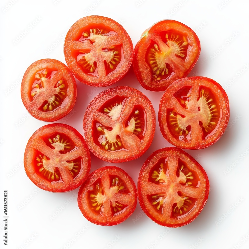 Sliced ripe tomatoes arranged in a circular pattern on a white background, showcasing the juicy, seed-filled interiors. Sliced ripe tomatoes arranged in a circular pattern on a white background, showcasing the juicy, seed-filled interiors.
