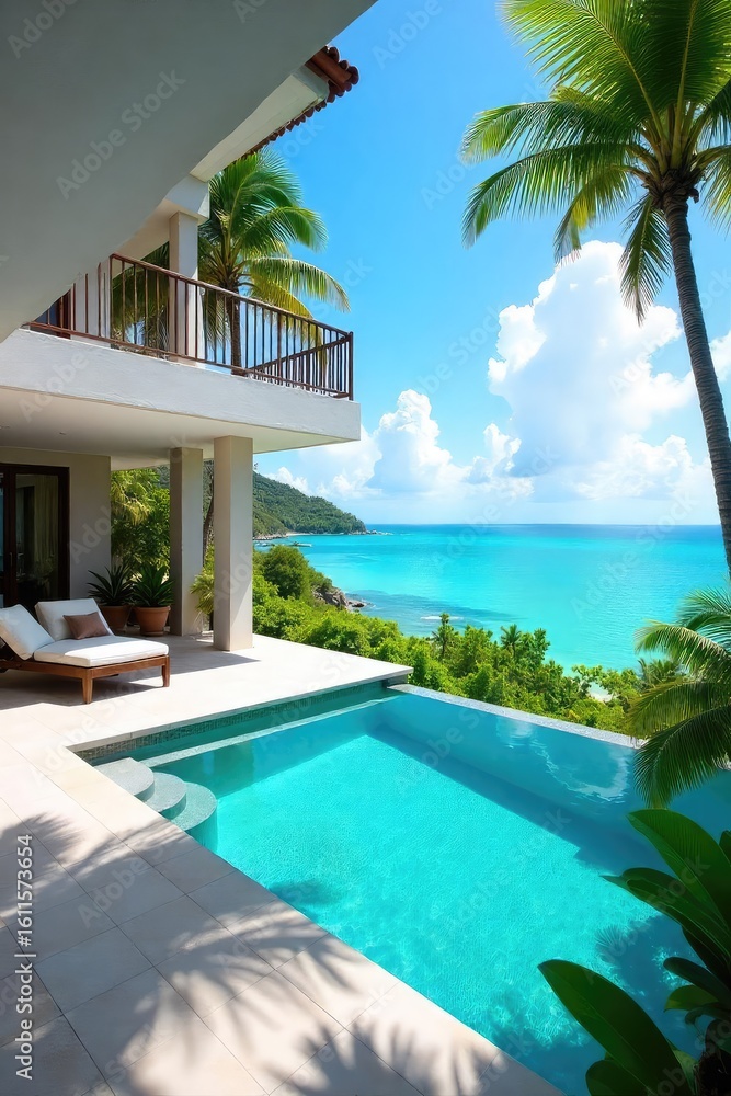 Fototapeta premium Luxury villa with private pool, stunning ocean views, spacious terrace, and lush tropical gardens Perfect for a relaxing getaway , exterior, property