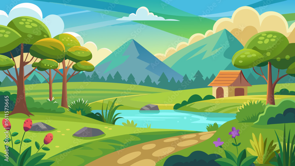 Fototapeta premium Vector art of a charming cartoon landscape showcasing rolling green hills, a serene river with a small house, and a winding path leading through the scenery