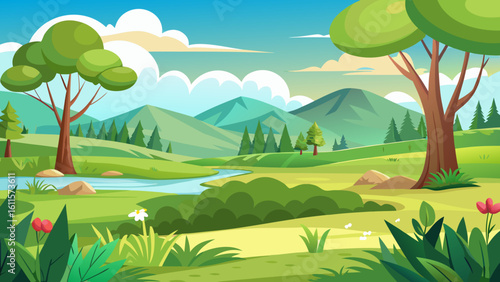 Vector art of a picturesque cartoon landscape with lush green hills, a gentle river, and distant mountains under a clear blue sky with scattered clouds