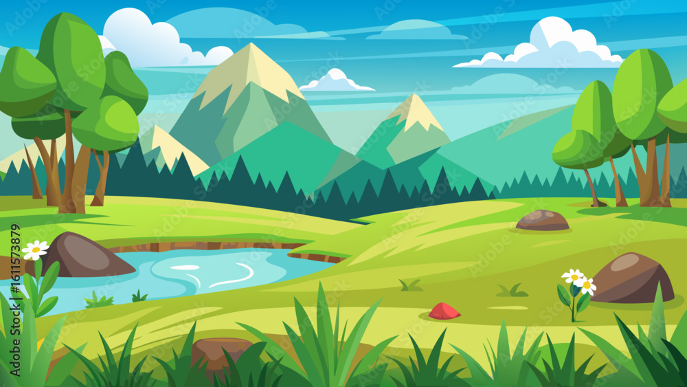 Obraz premium Vector art of a charming cartoon landscape captures majestic mountains, a gentle river, rolling green hills, and scattered rocks beneath a bright blue sky filled with fluffy white clouds