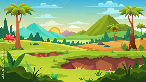 Vector art of a prehistoric cartoon landscape features rolling green hills, jagged mountains, palm trees, and a vibrant sunrise or sunset over a vast, open terrain with unique geological formations