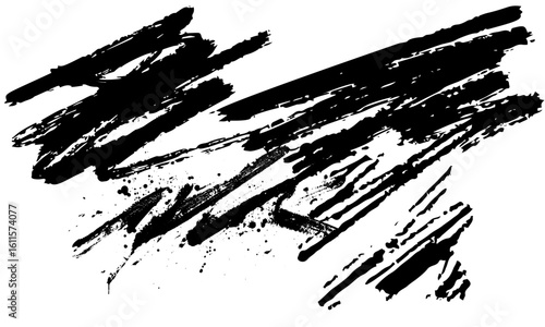 Grainy black thick swirled brush stroke with spray texture. Abstract vector stipple background with curly brush stroke