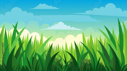 Vector art of green grass blades in the foreground with a hazy, sunlit landscape and blue sky with clouds
