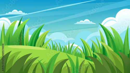 Vector art of a vibrant green meadow stretches towards a clear blue sky dotted with soft white clouds on a sunny day