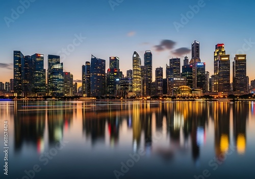 Singapore Skyline at Night Reflected in Water (AI Generated)