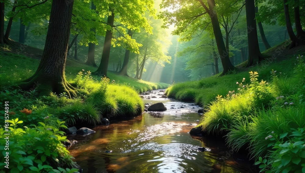 Obraz premium Serene woodland scene featuring a babbling brook meandering through lush greenery, sunlight dappling the leaves Ideal for nature, tranquility, and peaceful themes , summer, woodland